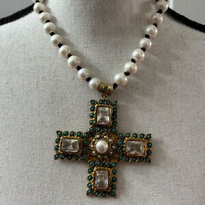 Julie Miles Gold Crystal & Turquoise Cross Necklace
